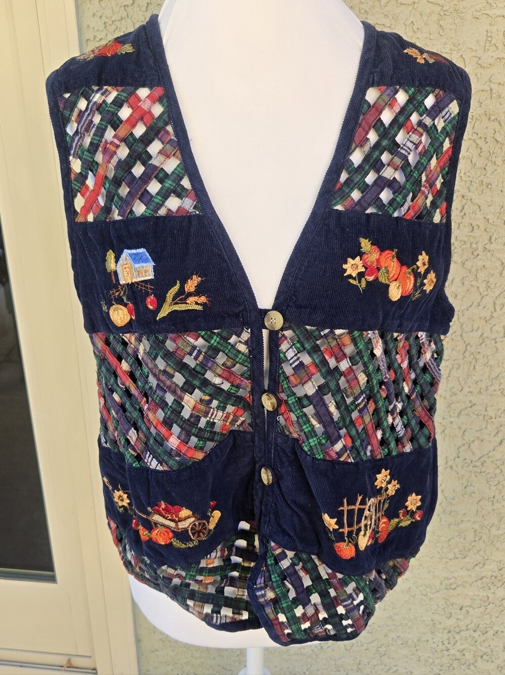 Cascade Blues Embroidered Patchwork Velvet Vest - Navy with Autumn Theme